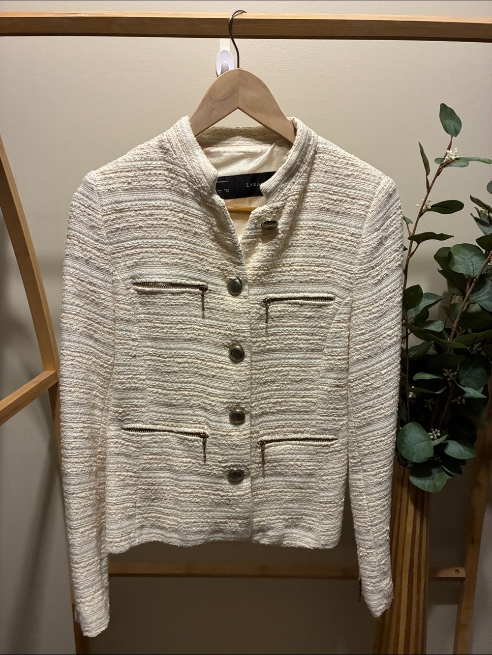Zara Cream Bouclé Zip-Pocket Blazer